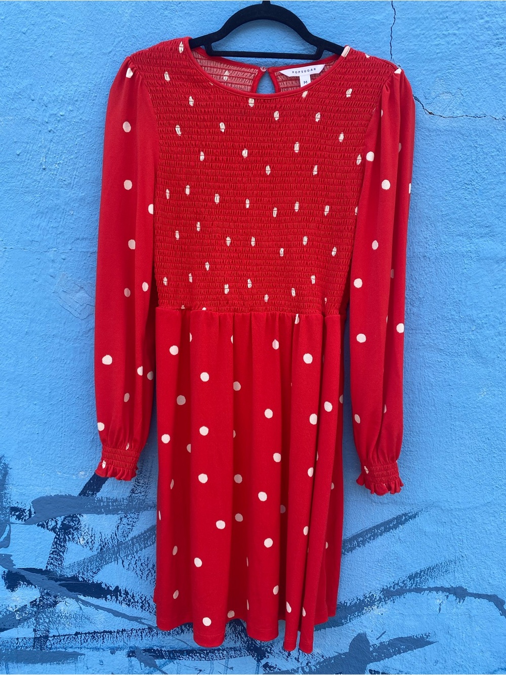Pop Sugar red and white polka dot dress fitted bodice keyhole back Medium